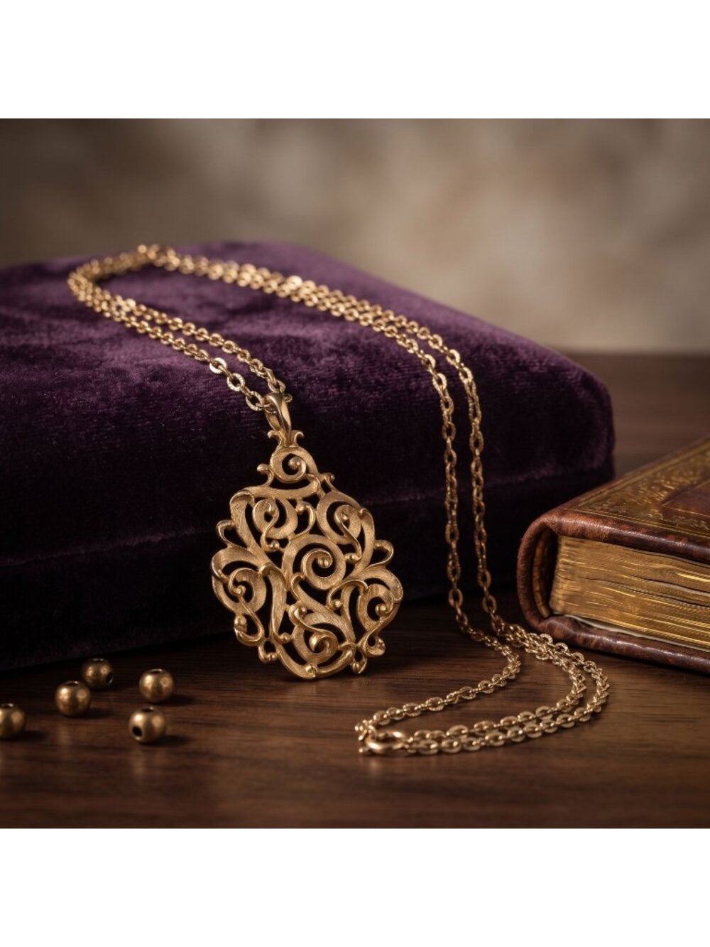 Vintage 50s–60s Crown Trifari Statement Necklace, Gold Tone Scroll Pendant, 28"